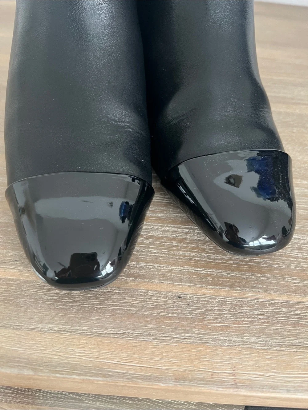 Women's Black Ankle Vegan Leather Booties with Patent Cap Toe